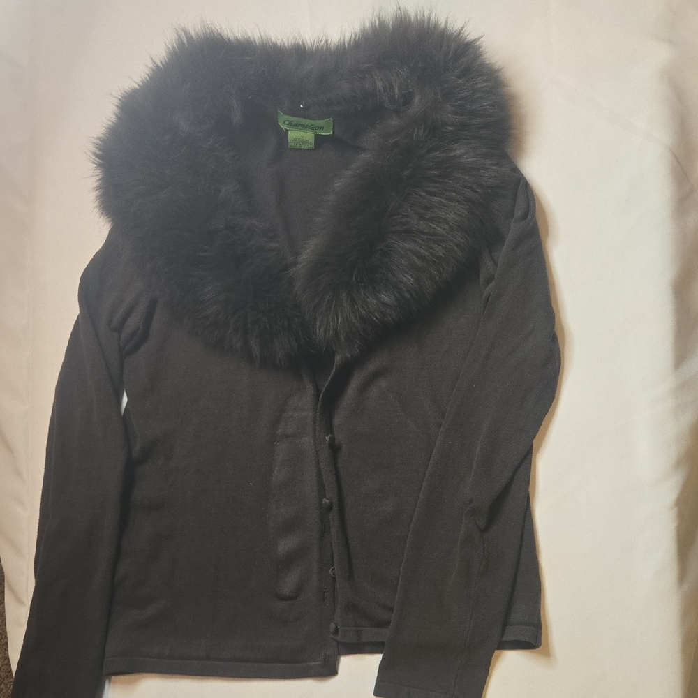 Brown Cardigan with Faux Fur Collar